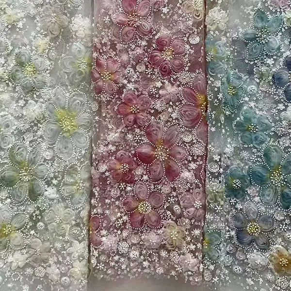 Sequins اور موتیوں کے ساتھ 3d ربن فلاور ایمبرائیڈری نیٹ فیبرک