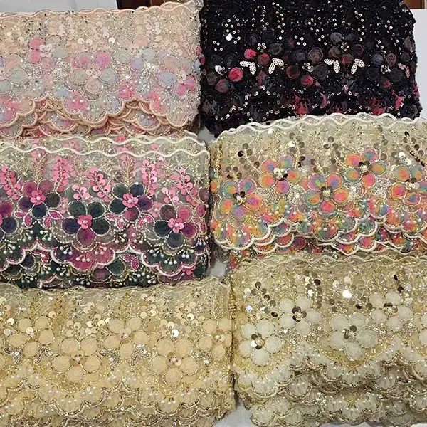 3D میش فلاور ربن بیڈڈ ٹیوب بارکوڈ ایمبرائیڈری لیس کے ساتھ ملٹی کلر ایمبرائیڈری لیس